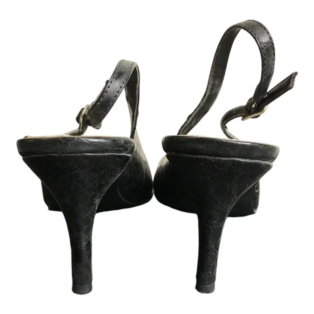 Chaps‎ Slingback Pumps Women 9.5 Black Croc Embossed Leather Pointed Toe Classic